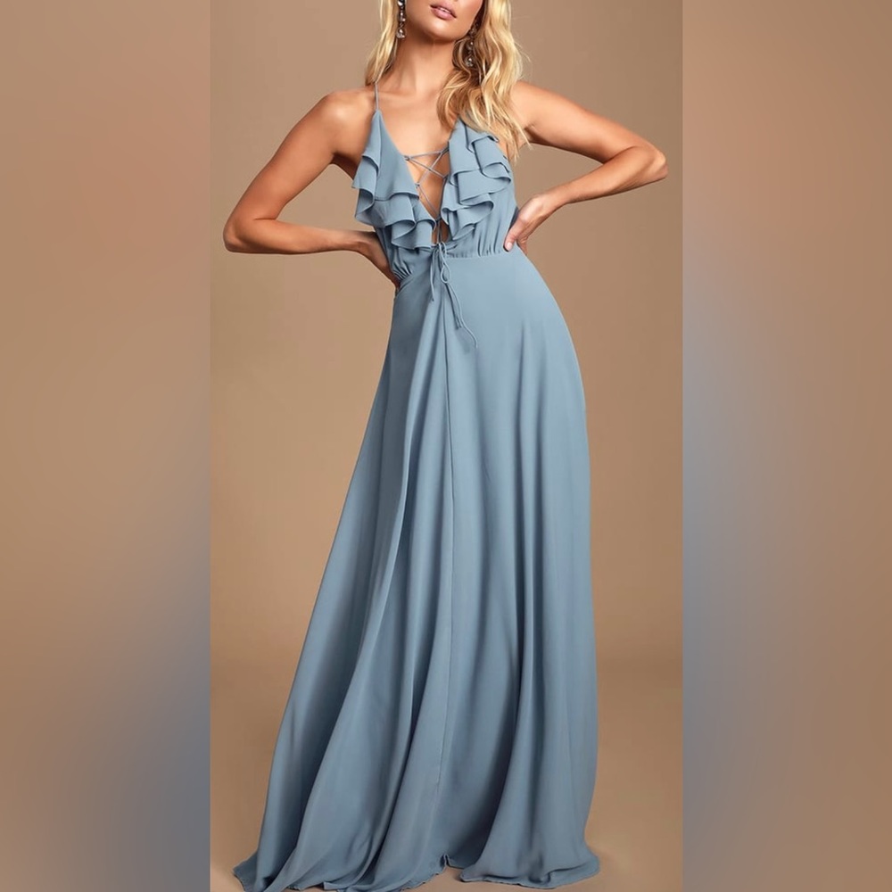 Meridith Slate Blue Ruffled Lace-Up
Maxi Dress